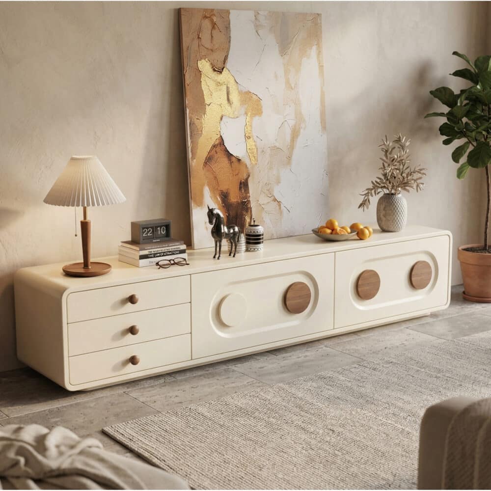 78.7" Contemporary Cream TV Console with Wooden Accents for Living Room - scene - 相册图 #2 78.7" Contemporary Cream TV Console with Wooden Accents for Living Room 相册图 #2 scene