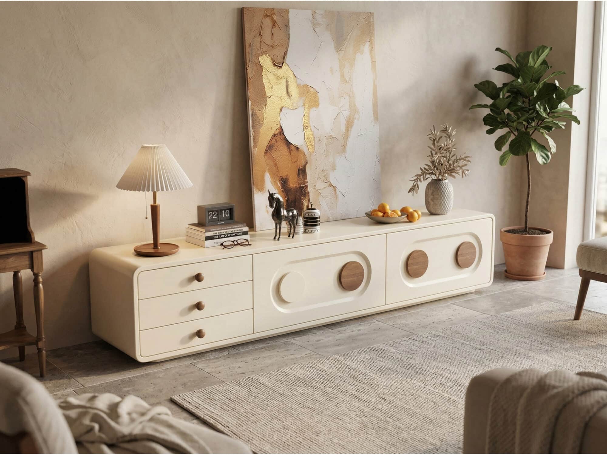 78.7" Contemporary Cream TV Console with Wooden Accents for Living Room - scene - 相册图 #2 78.7" Contemporary Cream TV Console with Wooden Accents for Living Room 相册图 #2 scene