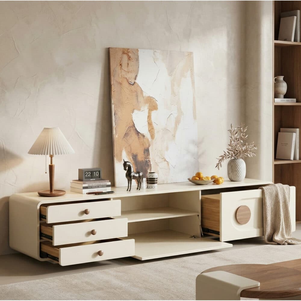 78.7" Contemporary Cream TV Console with Wooden Accents for Living Room - scene - 相册图 #3 78.7" Contemporary Cream TV Console with Wooden Accents for Living Room 相册图 #3 scene
