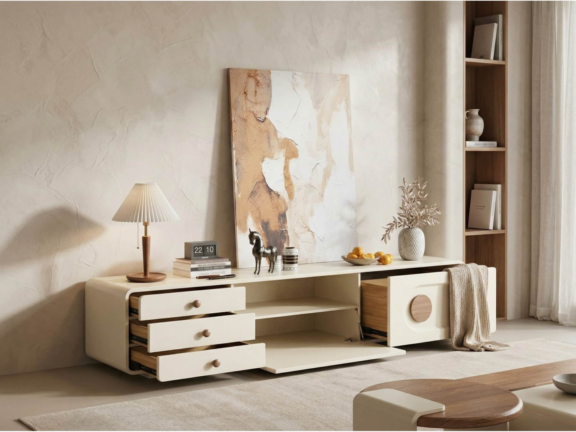 78.7" Contemporary Cream TV Console with Wooden Accents for Living Room - scene - 相册图 #3 78.7" Contemporary Cream TV Console with Wooden Accents for Living Room 相册图 #3 scene