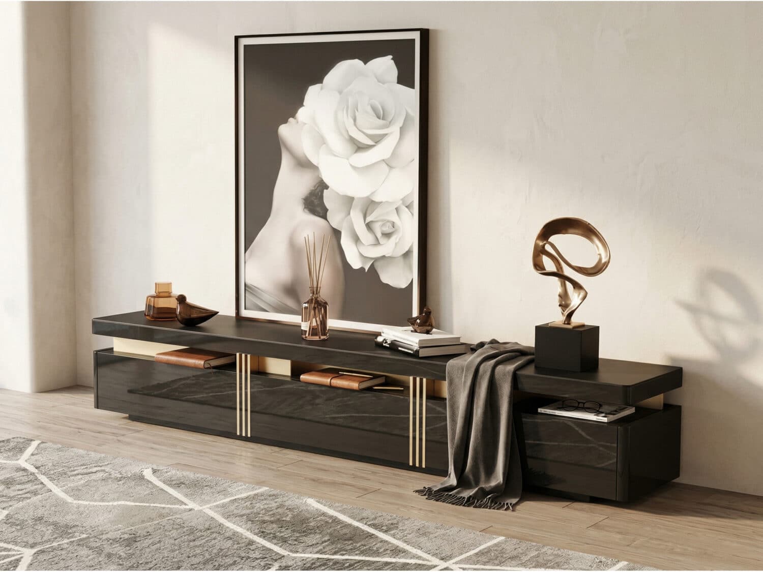 78.7" Modern Light-Luxury TV Stand Cabinet with Glossy Black Finish and Gold Accents 商品主图 scene