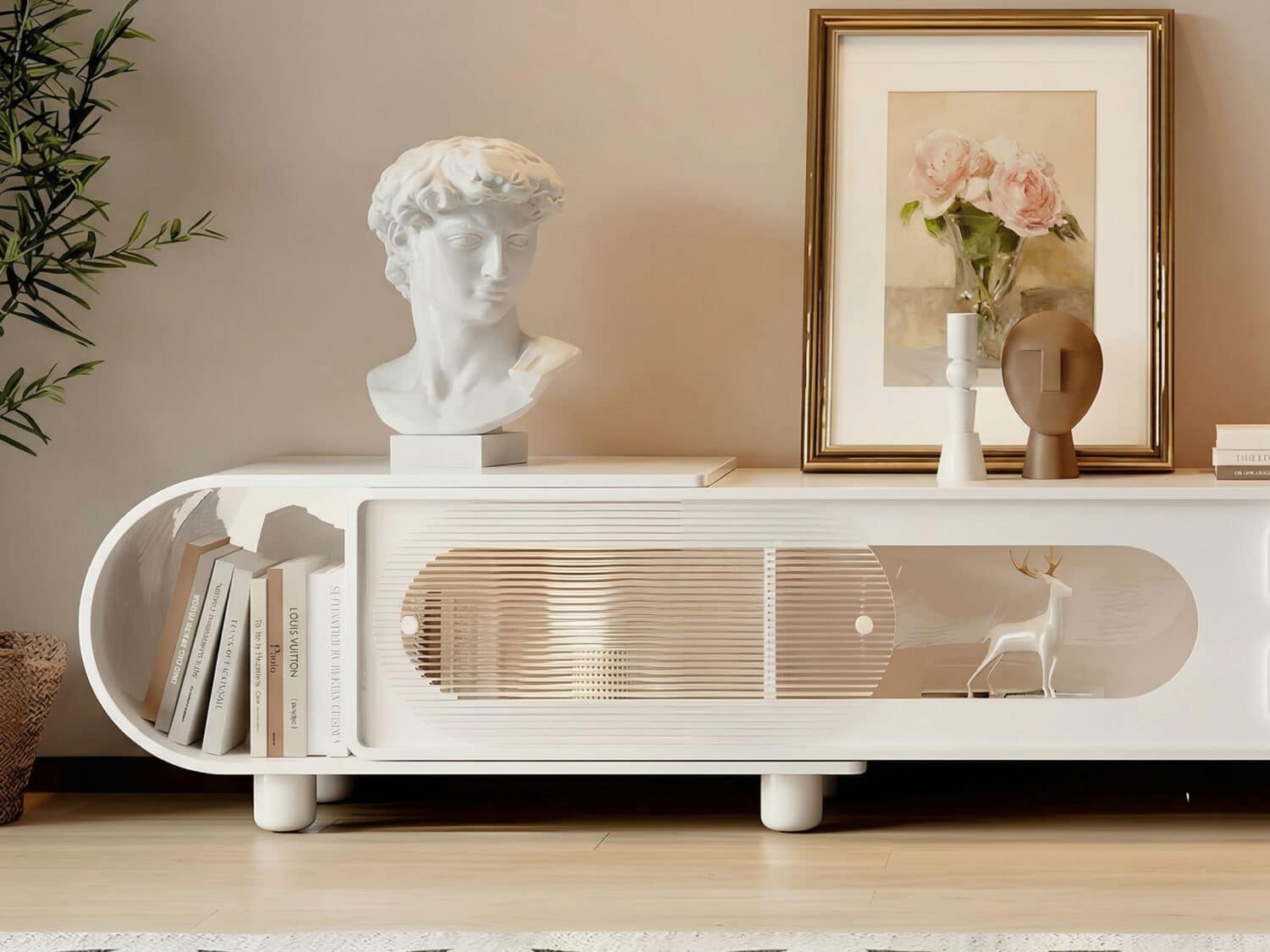 78.7'' Modern Minimalist White TV Stand with Sculptural Storage Design 相册图 #1 resized