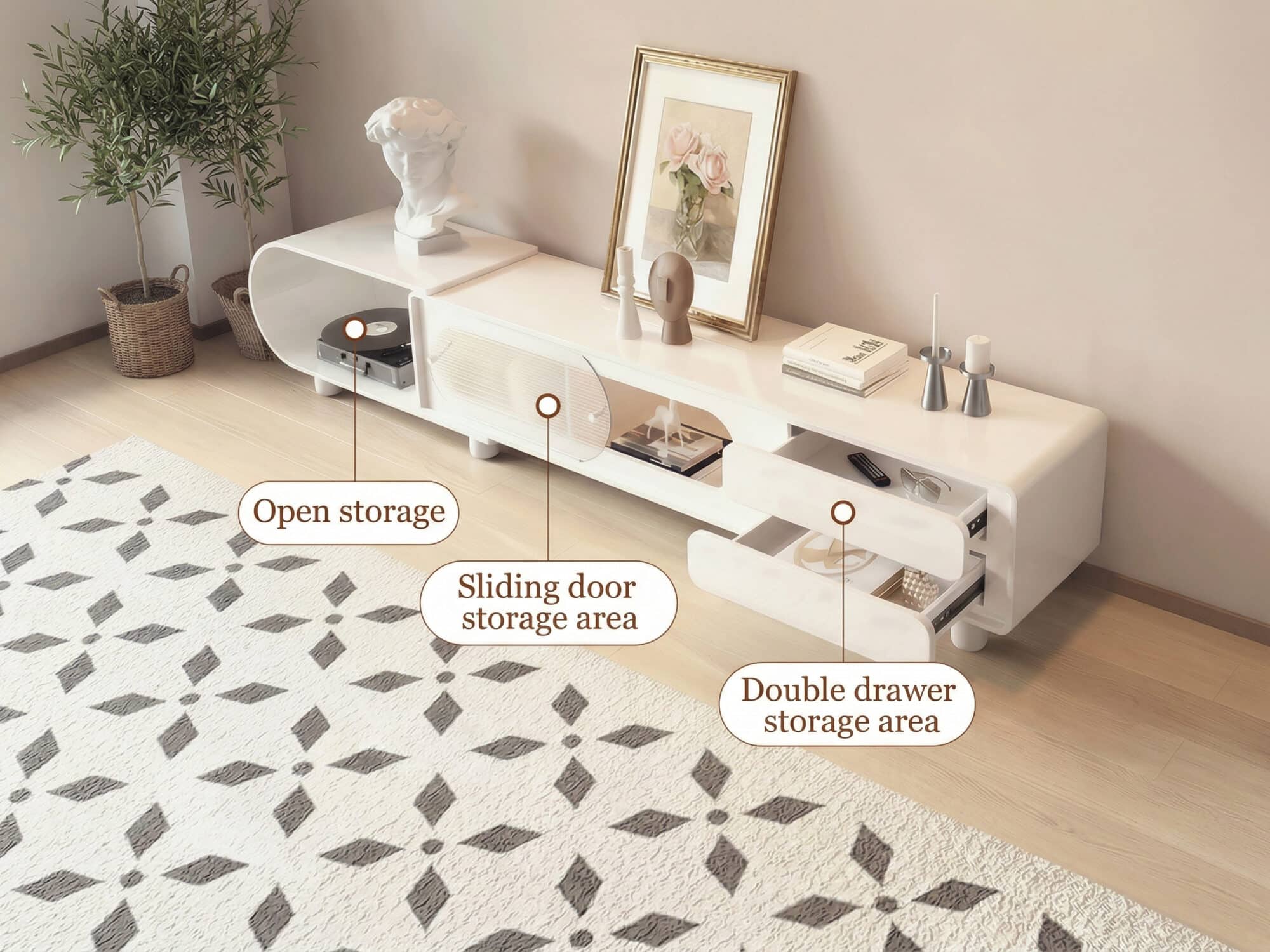 78.7'' Modern Minimalist White TV Stand with Sculptural Storage Design - resized - 相册图 #4 78.7'' Modern Minimalist White TV Stand with Sculptural Storage Design 相册图 #4 resized