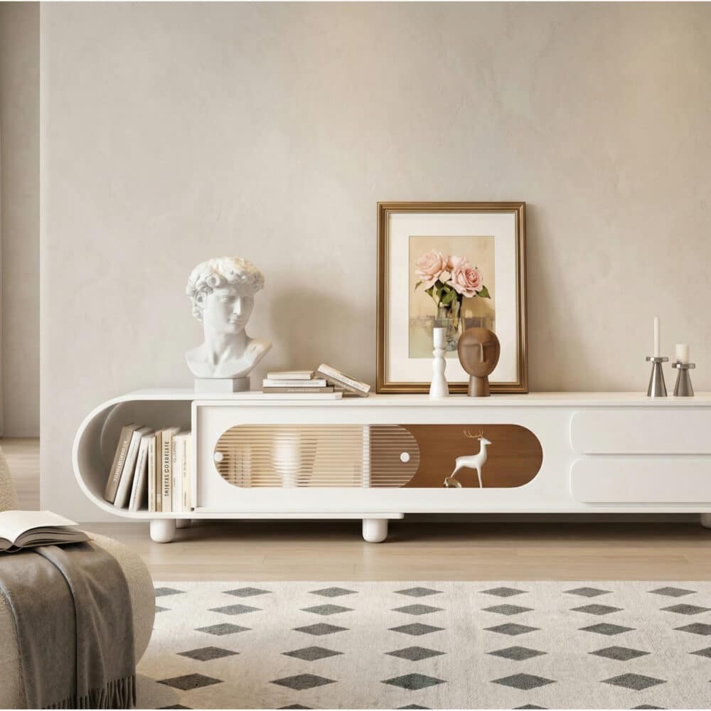 78.7'' Modern Minimalist White TV Stand with Sculptural Storage Design - scene - 商品主图 78.7'' Modern Minimalist White TV Stand with Sculptural Storage Design 商品主图 scene