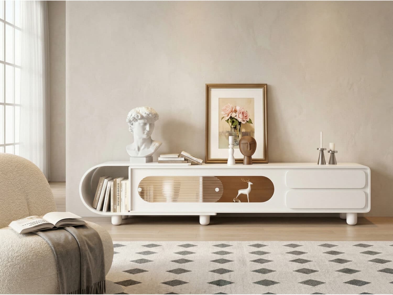 78.7'' Modern Minimalist White TV Stand with Sculptural Storage Design 商品主图 scene