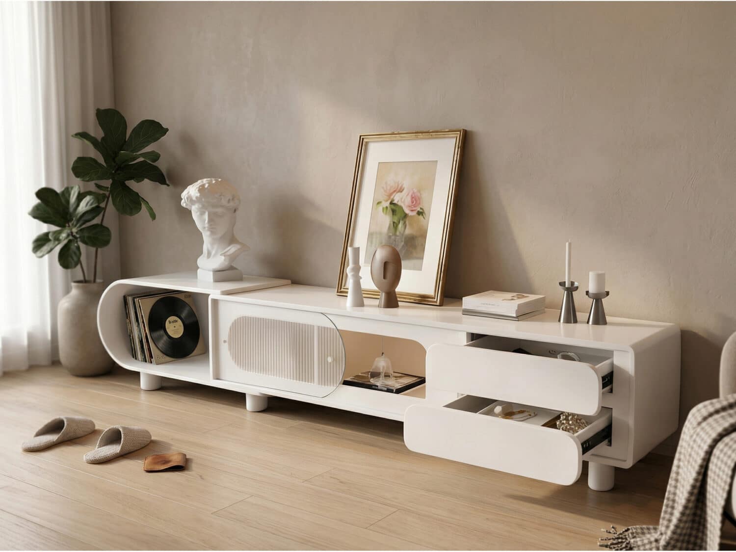 78.7'' Modern Minimalist White TV Stand with Sculptural Storage Design 相册图 #2 scene