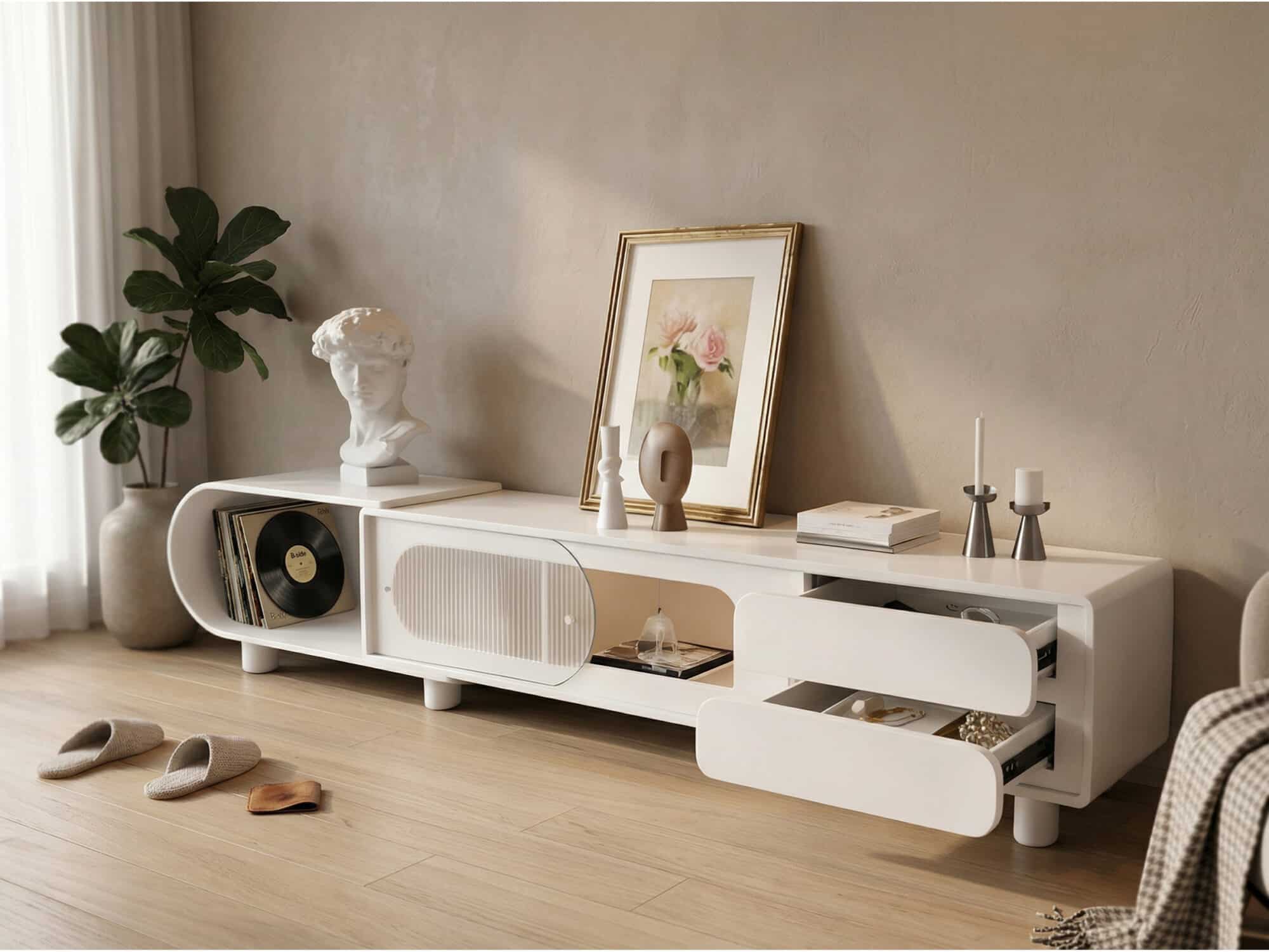 78.7'' Modern Minimalist White TV Stand with Sculptural Storage Design - scene - 相册图 #2 78.7'' Modern Minimalist White TV Stand with Sculptural Storage Design 相册图 #2 scene