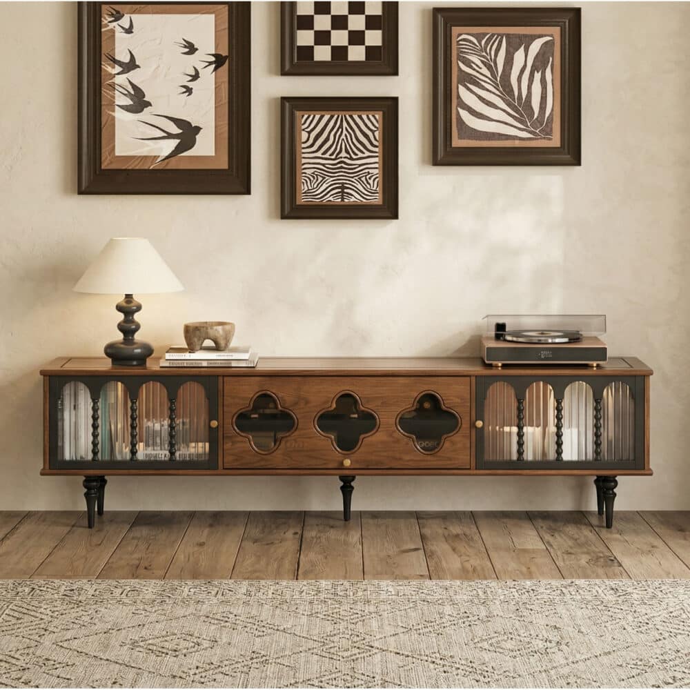 78" Fluted Glass Door Mid-Century TV Stand - scene - 变体图 / color: Walnut 78" Fluted Glass Door Mid-Century TV Stand 变体图 / color: Walnut scene