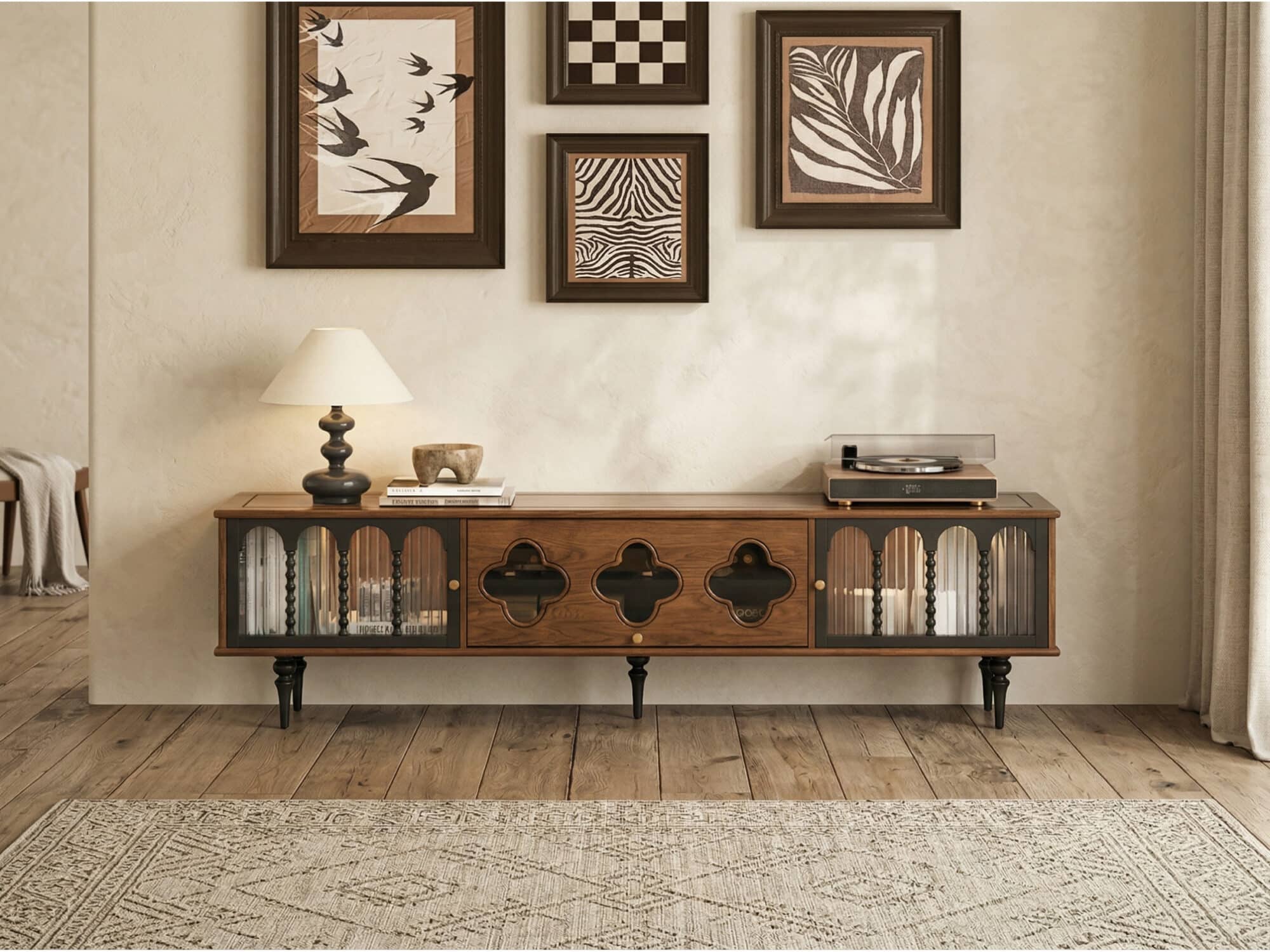 78" Fluted Glass Door Mid-Century TV Stand - scene - 变体图 / color: Walnut 78" Fluted Glass Door Mid-Century TV Stand 变体图 / color: Walnut scene