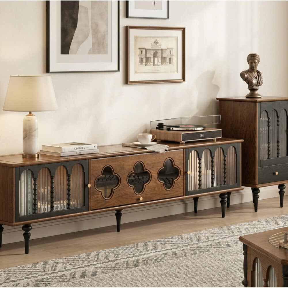 78" Fluted Glass Door Mid-Century TV Stand - scene - 相册图 #1 2 78" Fluted Glass Door Mid-Century TV Stand 相册图 #1 scene