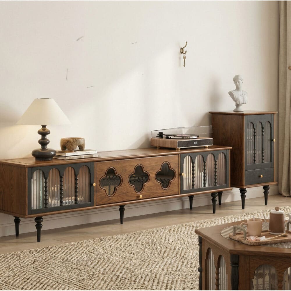 78" Fluted Glass Door Mid-Century TV Stand - scene - 相册图 #1 3 78" Fluted Glass Door Mid-Century TV Stand 相册图 #1 scene