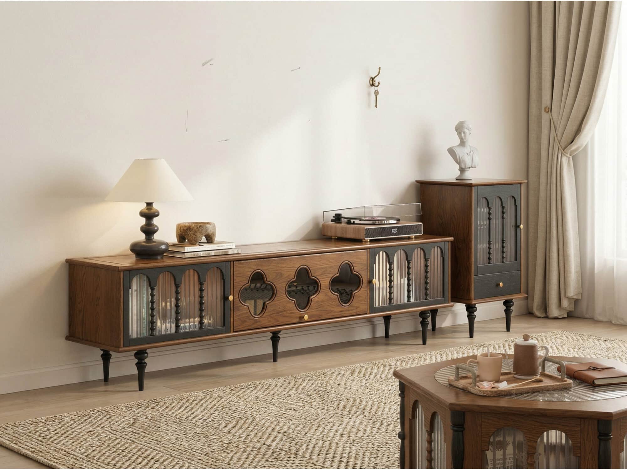 78" Fluted Glass Door Mid-Century TV Stand - scene - 相册图 #1 3 78" Fluted Glass Door Mid-Century TV Stand 相册图 #1 scene