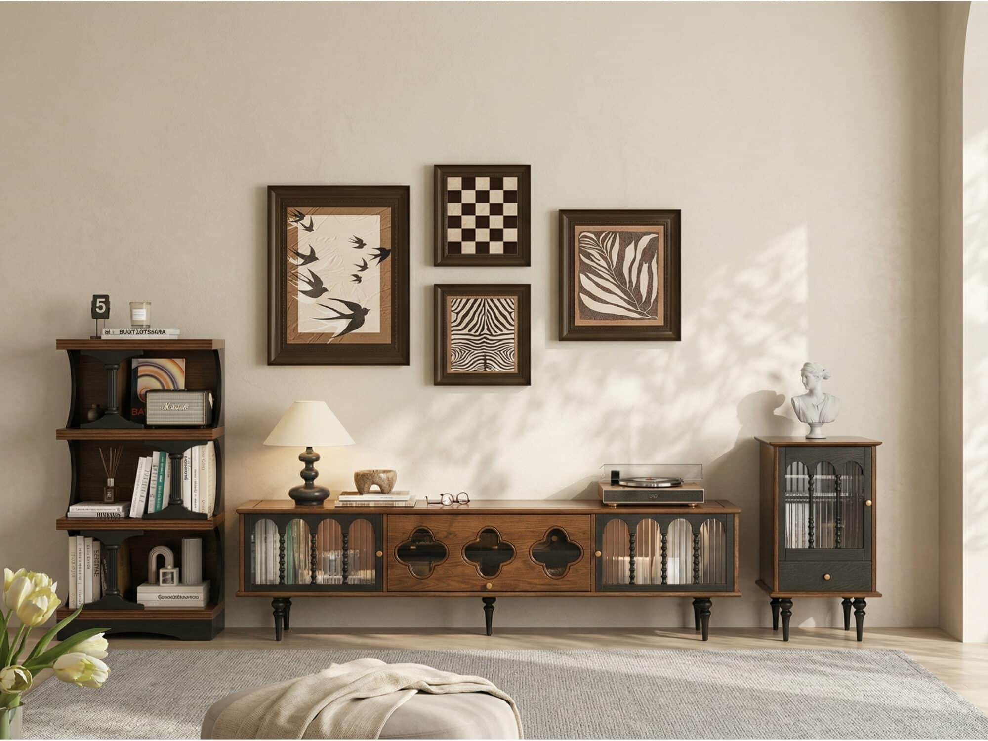 78" Fluted Glass Door Mid-Century TV Stand - scene - 相册图 #2 2 78" Fluted Glass Door Mid-Century TV Stand 相册图 #2 scene