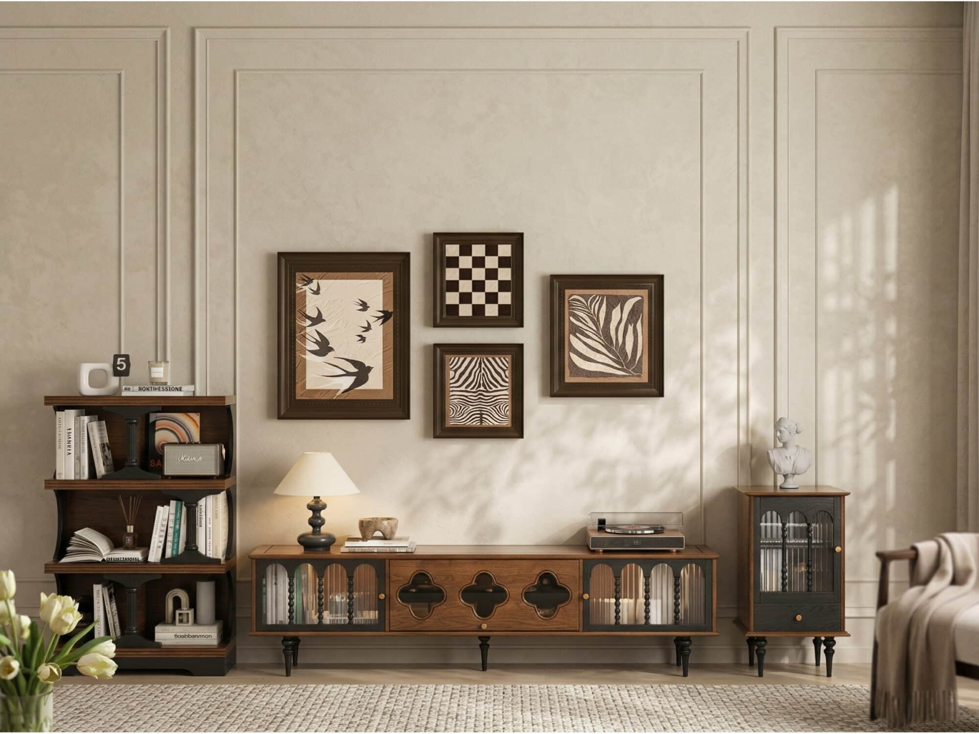 78" Fluted Glass Door Mid-Century TV Stand - scene - 相册图 #2 78" Fluted Glass Door Mid-Century TV Stand 相册图 #2 scene