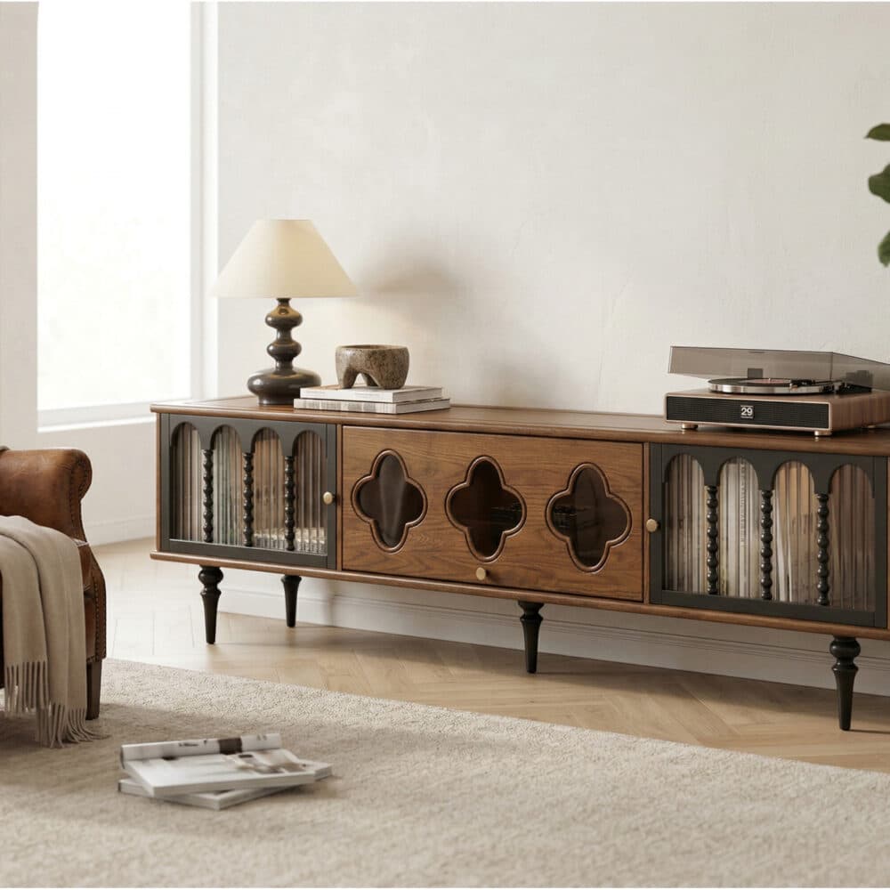 78" Fluted Glass Door Mid-Century TV Stand - scene - 相册图 #7 78" Fluted Glass Door Mid-Century TV Stand 相册图 #7 scene