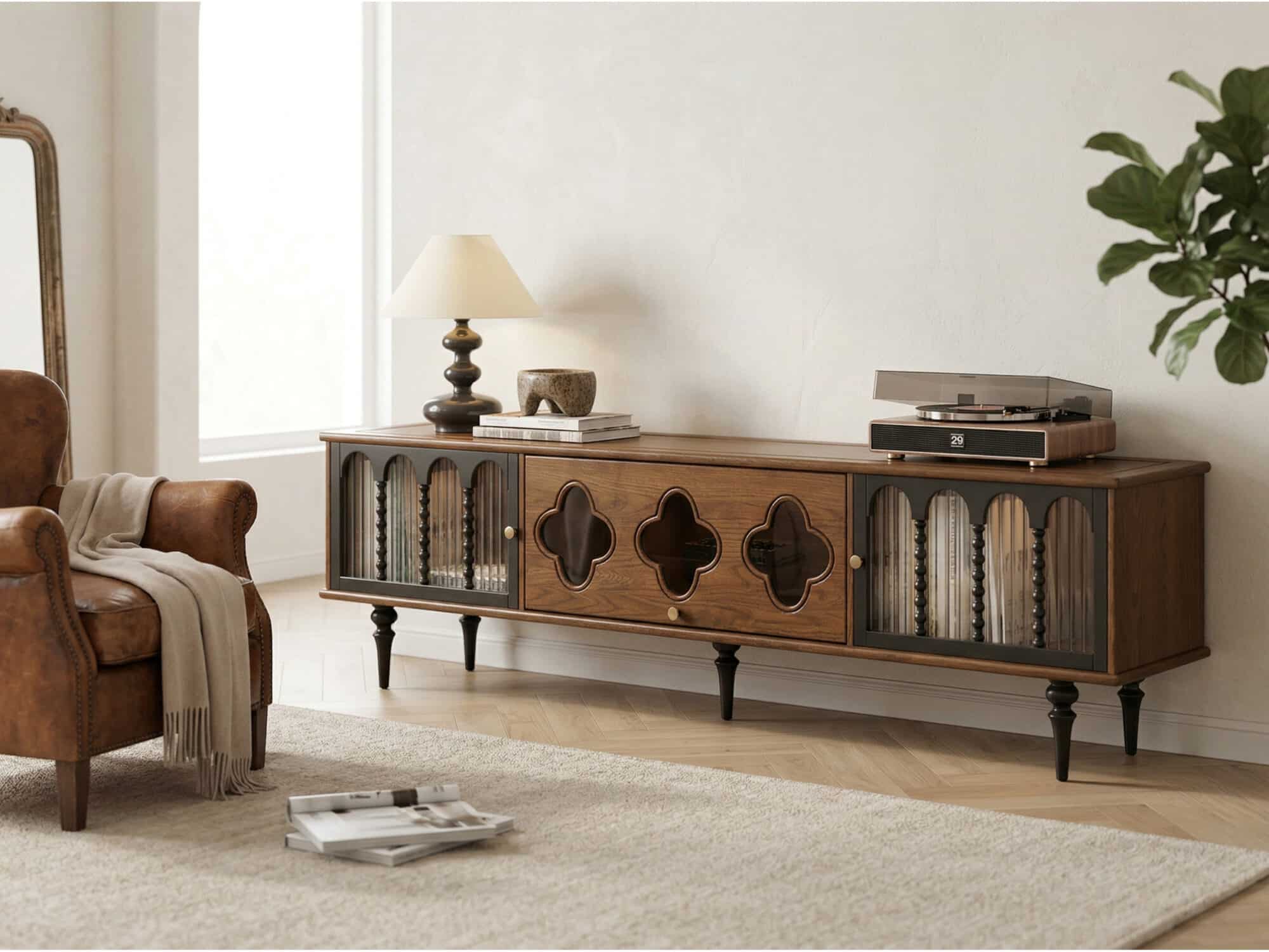 78" Fluted Glass Door Mid-Century TV Stand - scene - 相册图 #7 78" Fluted Glass Door Mid-Century TV Stand 相册图 #7 scene