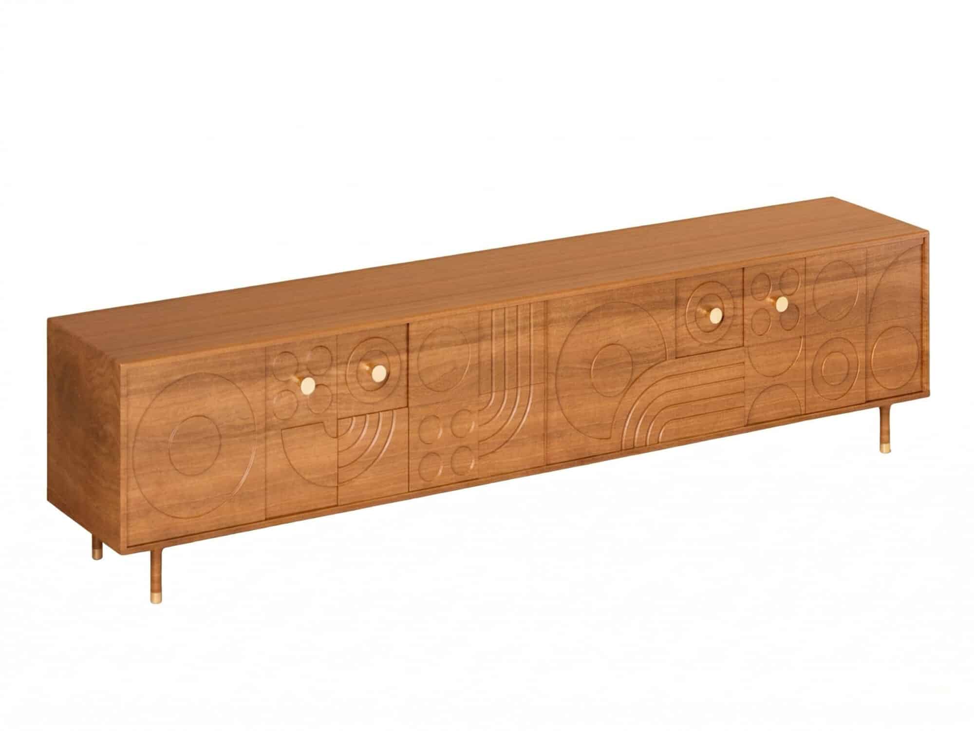 78" Retro TV Stand Carved Geometric Pattern Solid Wood Cabinet Brass-Tipped Legs - resized - 相册图 #7 78" Retro TV Stand Carved Geometric Pattern Solid Wood Cabinet Brass-Tipped Legs 相册图 #7 resized