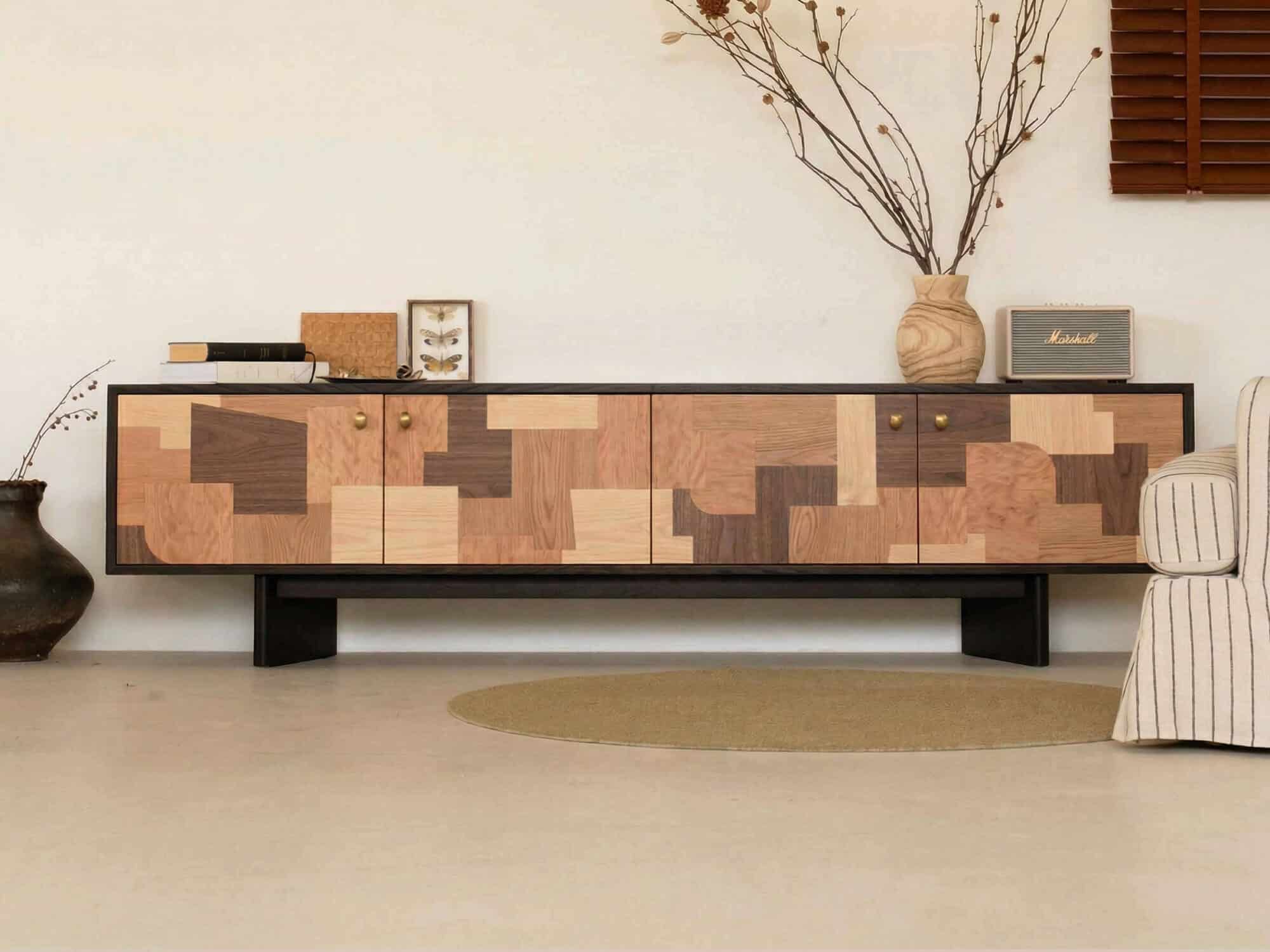Artistic Geometric Wood Media Console - resized - 相册图 #1 Artistic Geometric Wood Media Console 相册图 #1 resized