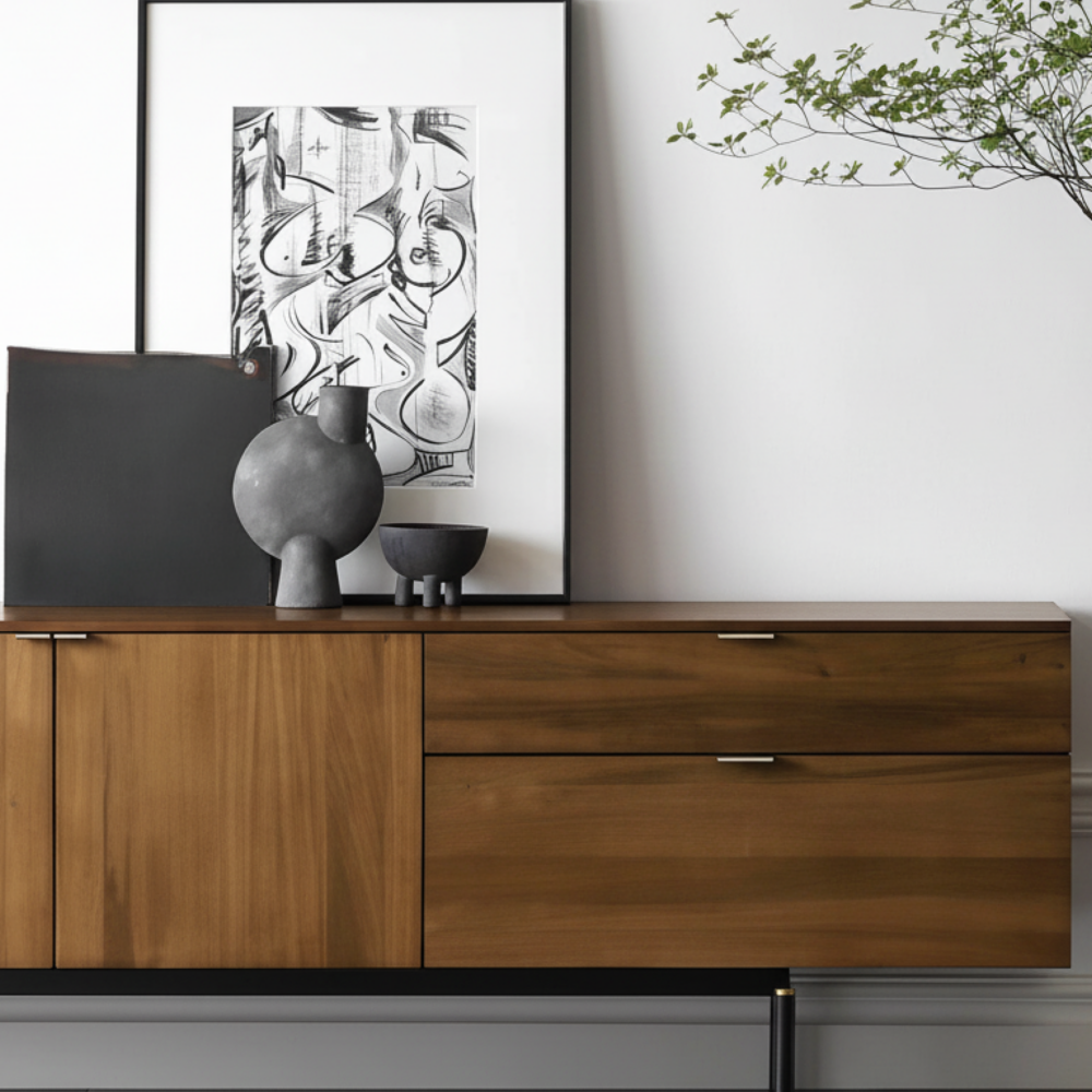 The Asher Walnut TV Stand with Modern Storage A modern walnut wood TV stand featuring spacious storage compartments and sturdy black steel legs for support.
