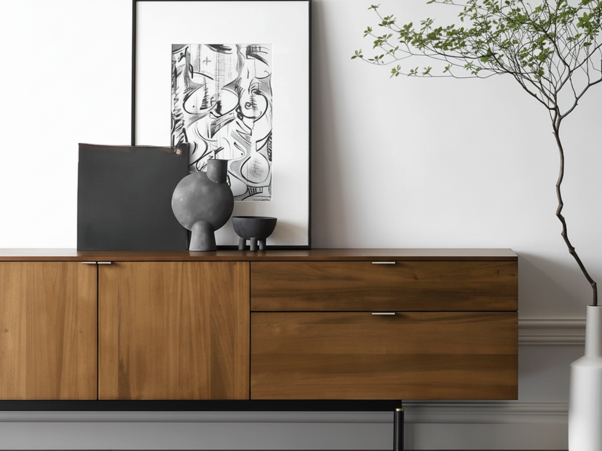 The Asher Walnut TV Stand with Modern Storage A modern walnut wood TV stand featuring spacious storage compartments and sturdy black steel legs for support.