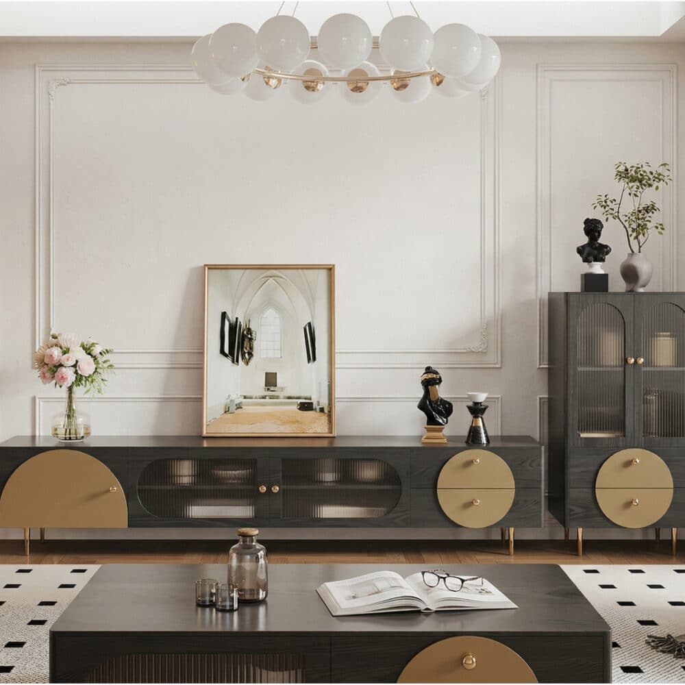 Black Ash Wood Cabinet Drawers Rectangle TV Stand - scene - 商品主图 Black Ash Wood Cabinet Drawers Rectangle TV Stand 商品主图 scene