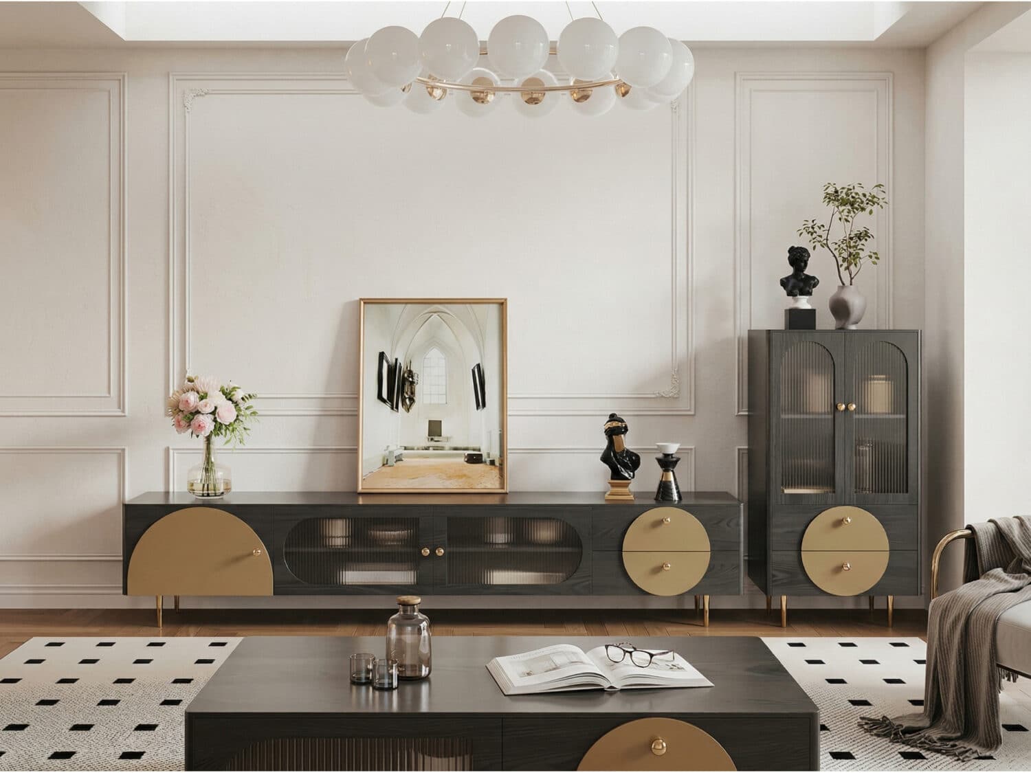 Black Ash Wood Cabinet Drawers Rectangle TV Stand - scene - 商品主图 Black Ash Wood Cabinet Drawers Rectangle TV Stand 商品主图 scene