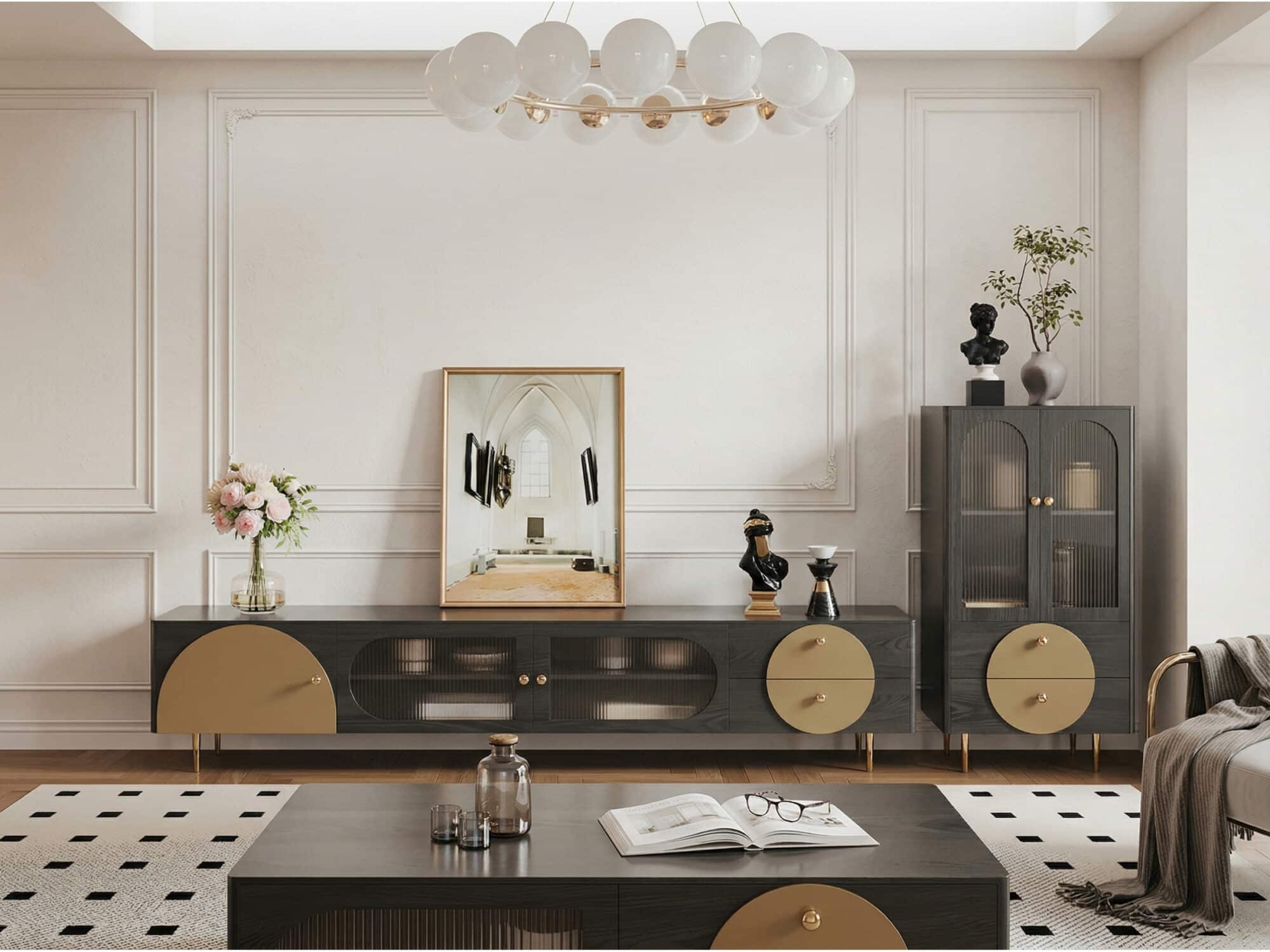 Black Ash Wood Cabinet Drawers Rectangle TV Stand - scene - 商品主图 Black Ash Wood Cabinet Drawers Rectangle TV Stand 商品主图 scene