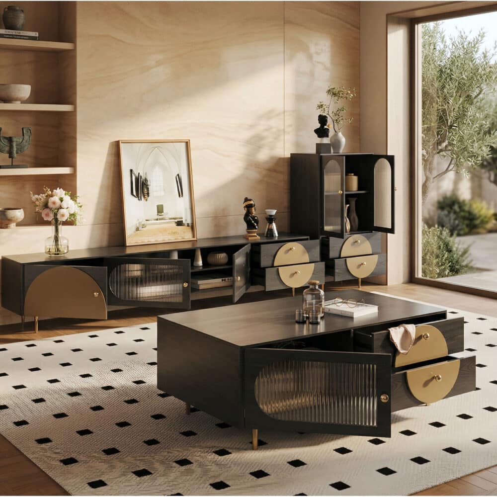 Black Ash Wood Cabinet Drawers Rectangle TV Stand - scene - 相册图 #2 Black Ash Wood Cabinet Drawers Rectangle TV Stand 相册图 #2 scene