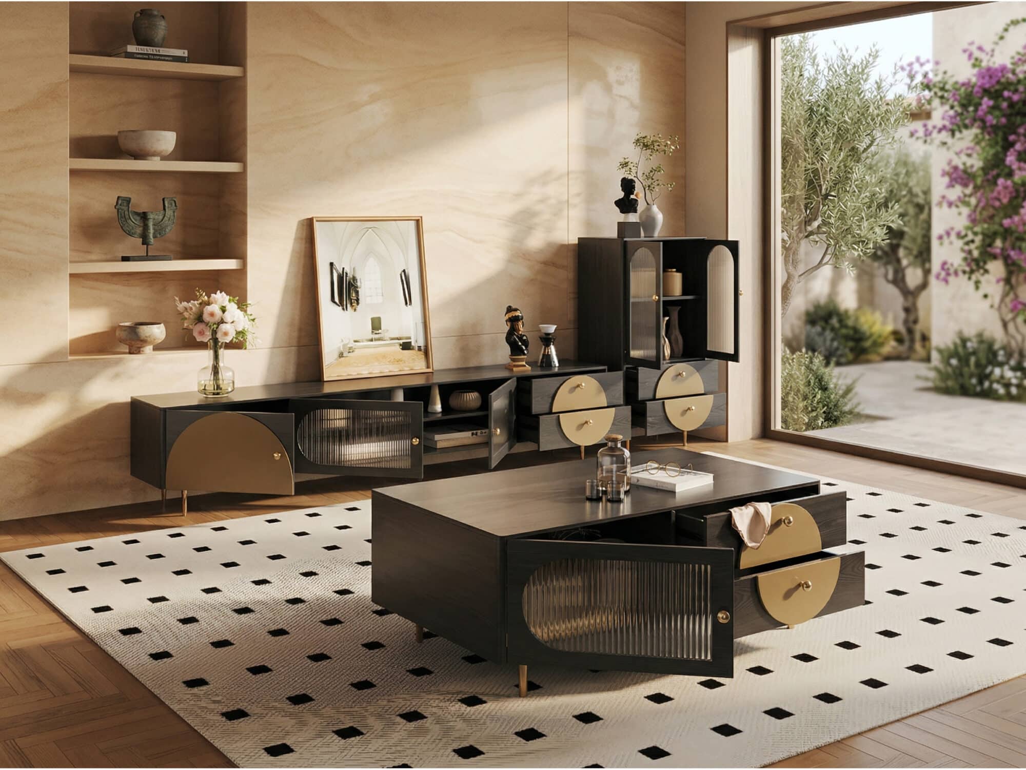 Black Ash Wood Cabinet Drawers Rectangle TV Stand - scene - 相册图 #2 Black Ash Wood Cabinet Drawers Rectangle TV Stand 相册图 #2 scene