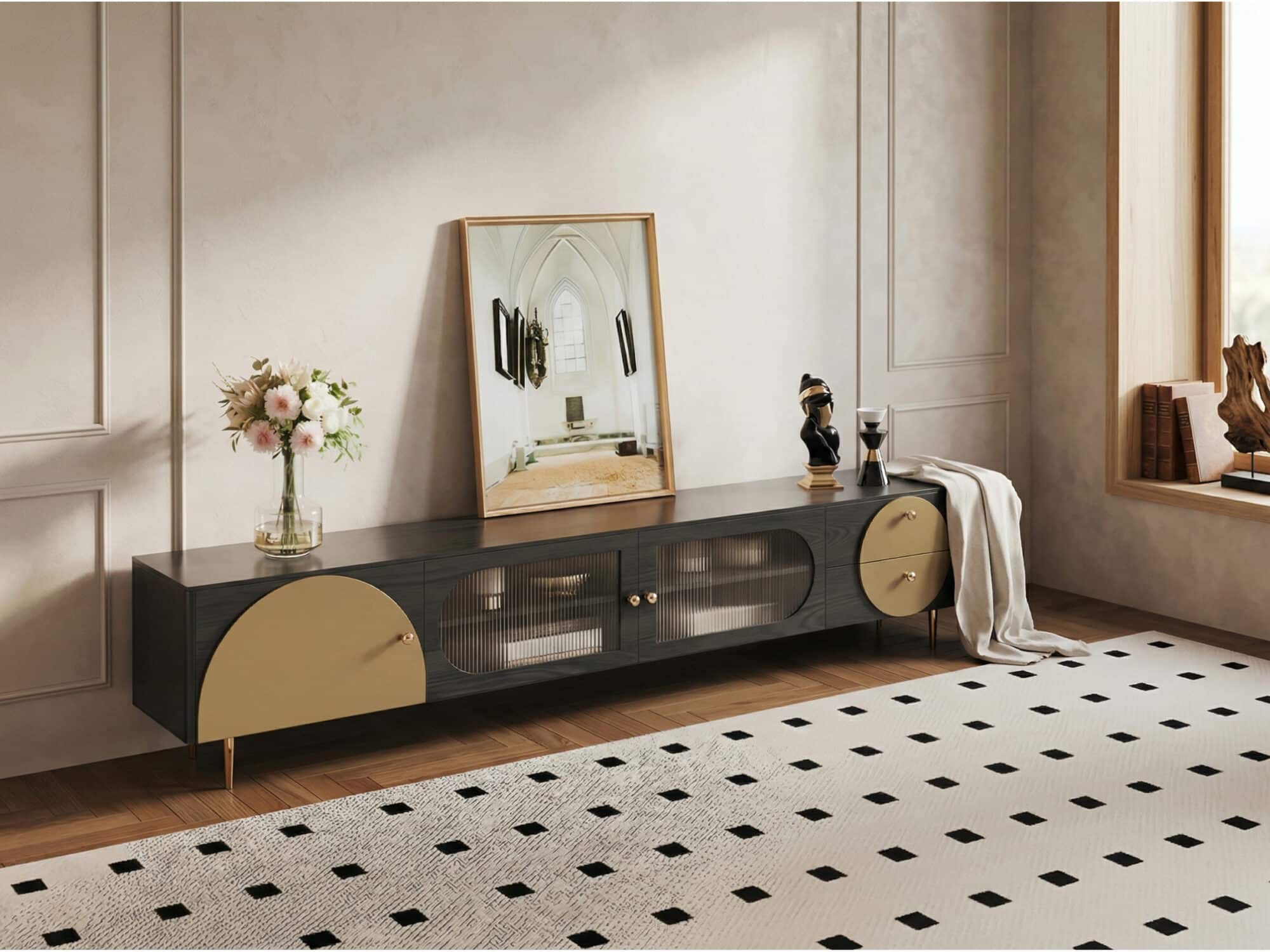 Black Ash Wood Cabinet Drawers Rectangle TV Stand - scene - 相册图 #3 Black Ash Wood Cabinet Drawers Rectangle TV Stand 相册图 #3 scene