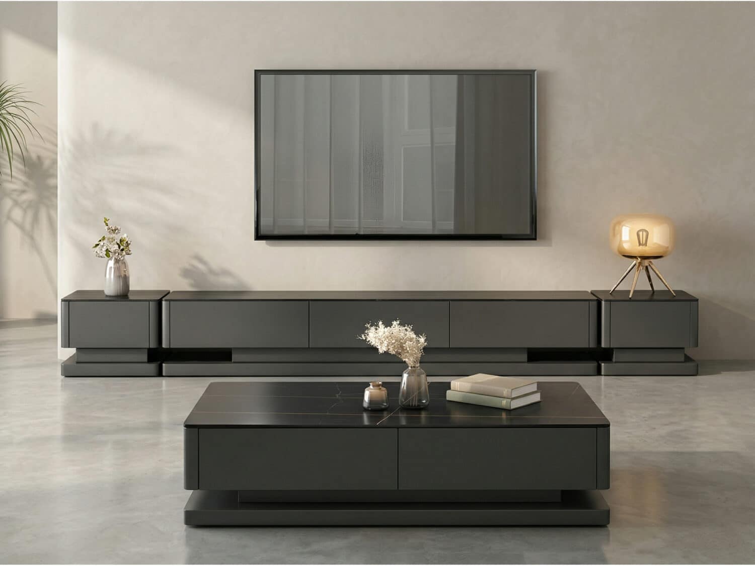 Black Stone Rectangle Enclosed Storage Drawers TV Stand 商品主图 scene