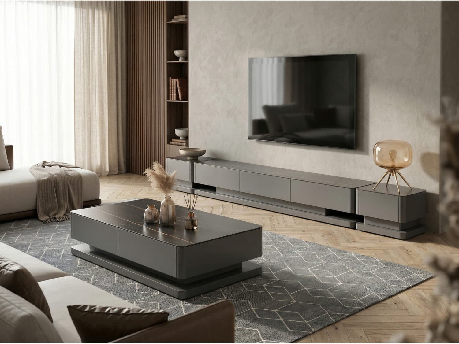 Black Stone Rectangle Enclosed Storage Drawers TV Stand 相册图 #1 scene