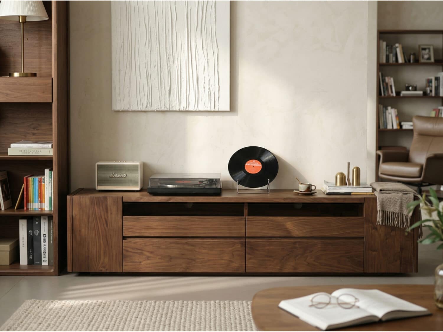 Brown Walnut Wood Cabinet Drawers Shelf Long TV Stand 相册图 #2 scene