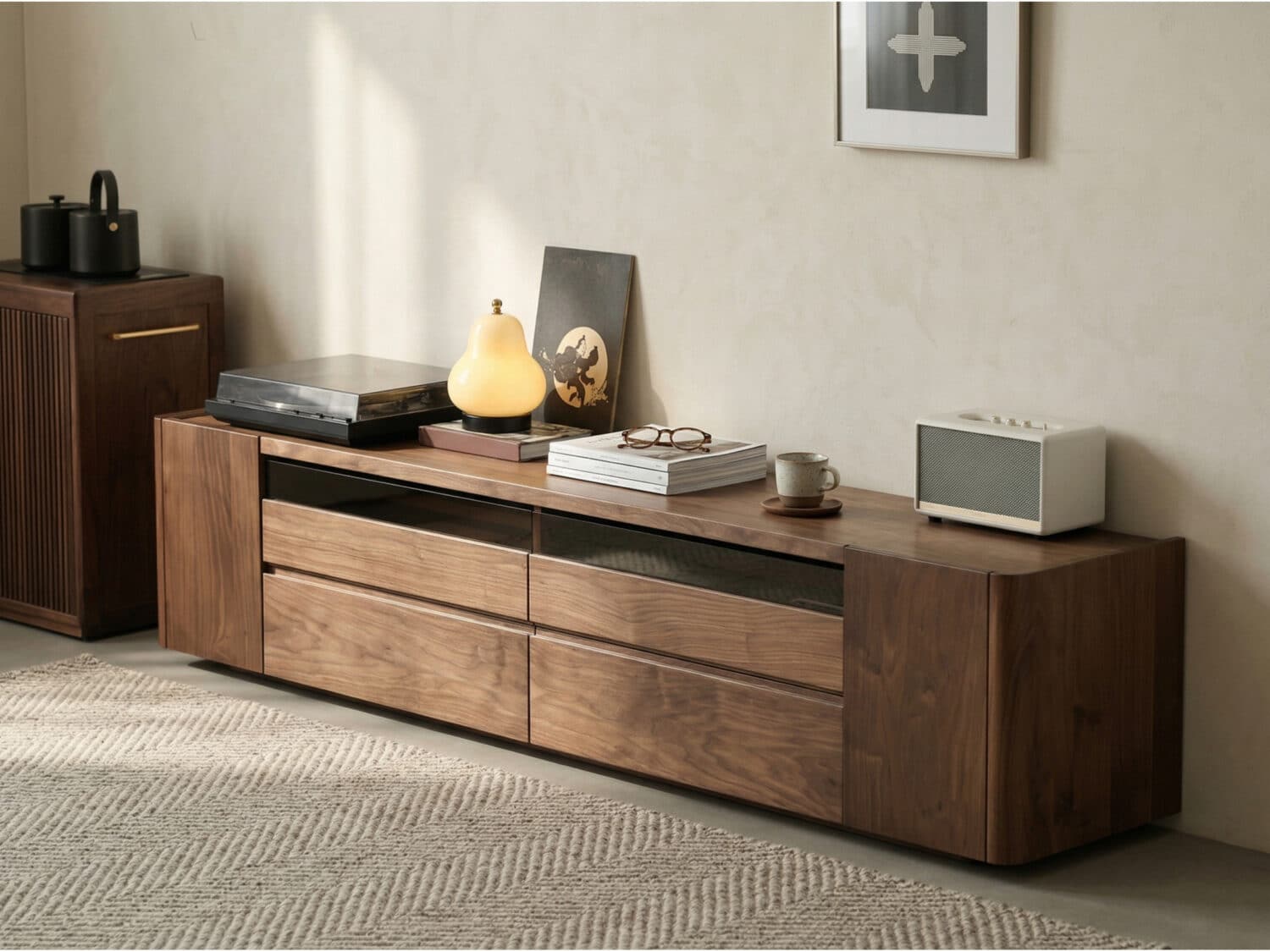 Brown Walnut Wood Cabinet Drawers Shelf Long TV Stand 相册图 #3 scene