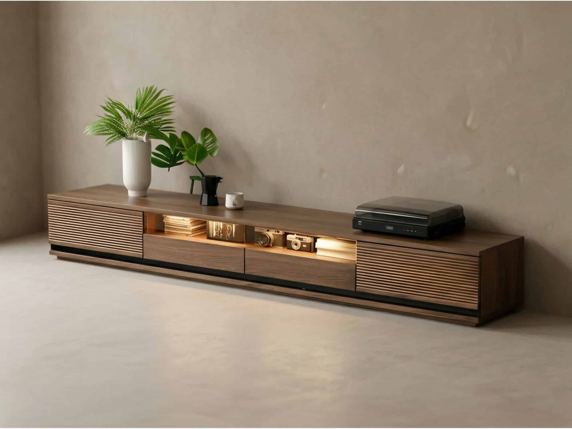 Brown Walnut Wood Drawers Rectangle 2 Tiers TV Stand - scene - 相册图 #4 2 Brown Walnut Wood Drawers Rectangle 2 Tiers TV Stand 相册图 #4 scene