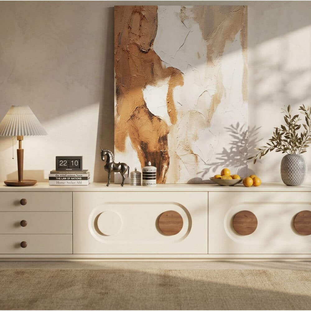 Contemporary Cream TV Console with Wood Accents Modern minimalist cream TV stand with warm wood accents and rounded edges in a contemporary living room.