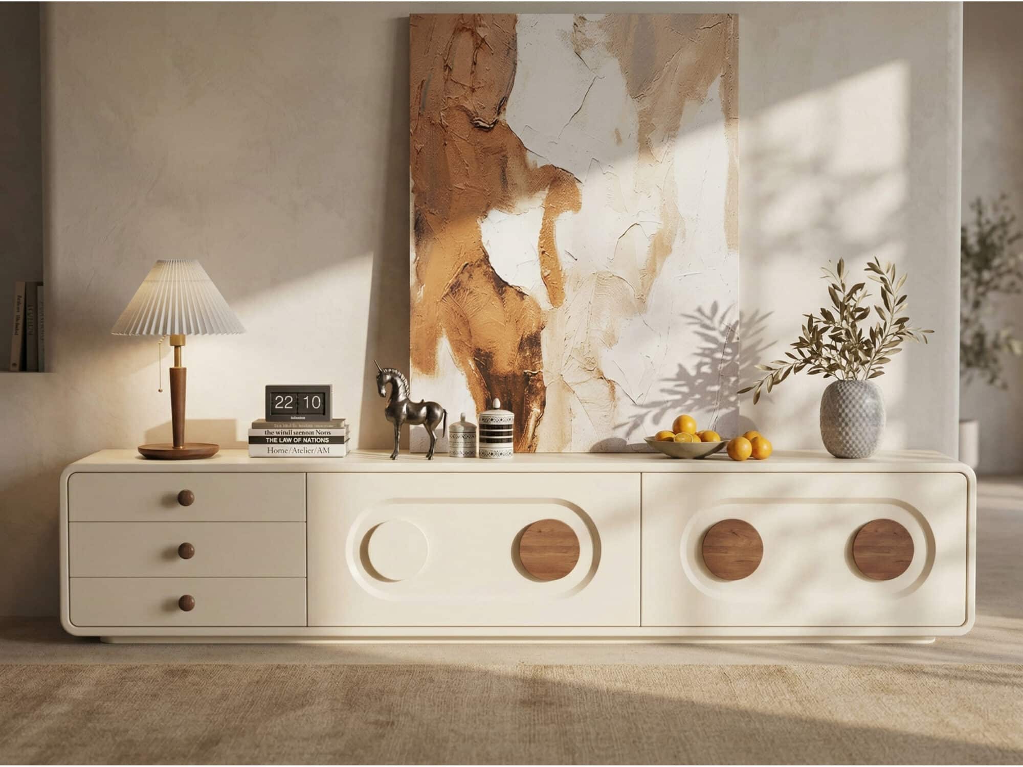 Contemporary Cream TV Console with Wood Accents Modern minimalist cream TV stand with warm wood accents and rounded edges in a contemporary living room.