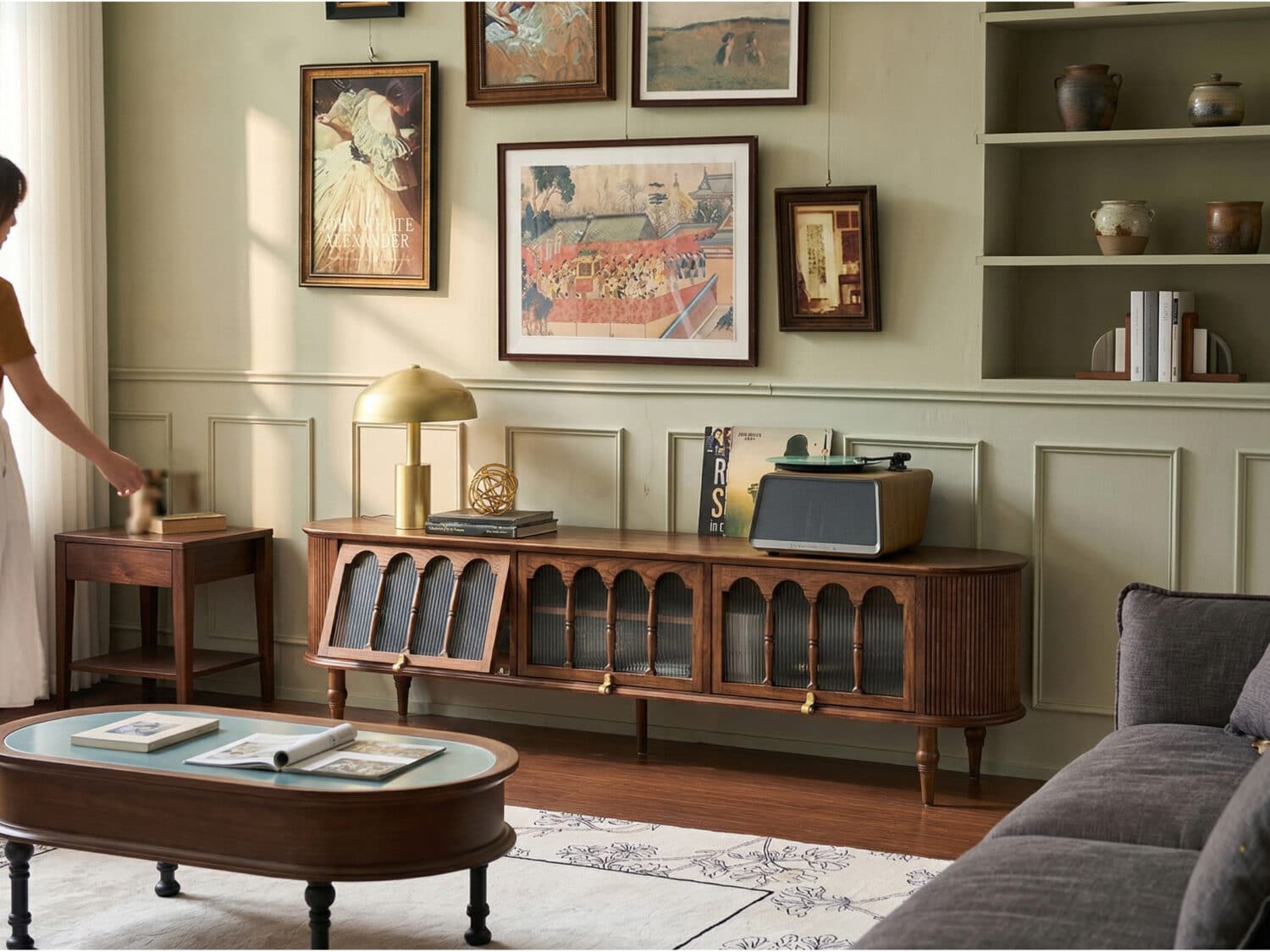 French Vintage Solid Wood TV Stand: Mid-Century Modern Media Console - scene - 商品主图 3 French Vintage Solid Wood TV Stand: Mid-Century Modern Media Console 商品主图 scene