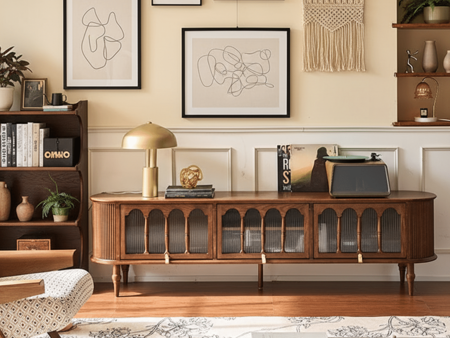 French Vintage Solid Wood TV Stand: Mid-Century Modern Media Console 相册图 #1 scene