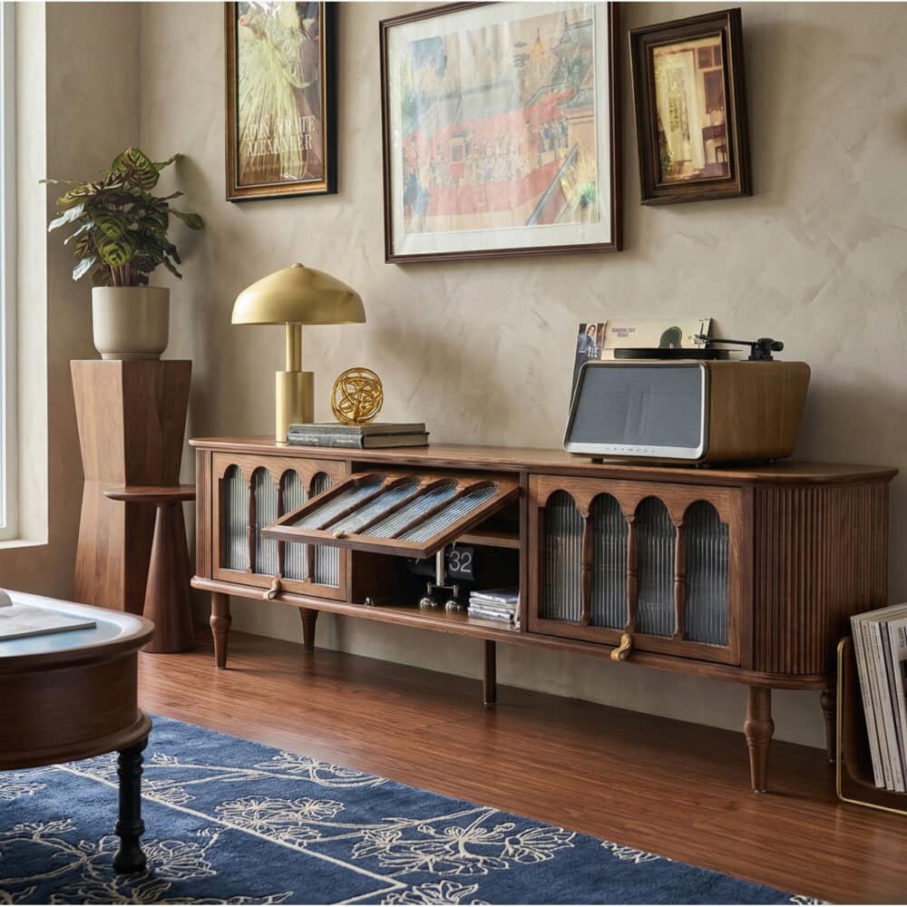 French Vintage Solid Wood TV Stand: Mid-Century Modern Media Console - scene - 相册图 #2 French Vintage Solid Wood TV Stand: Mid-Century Modern Media Console 相册图 #2 scene