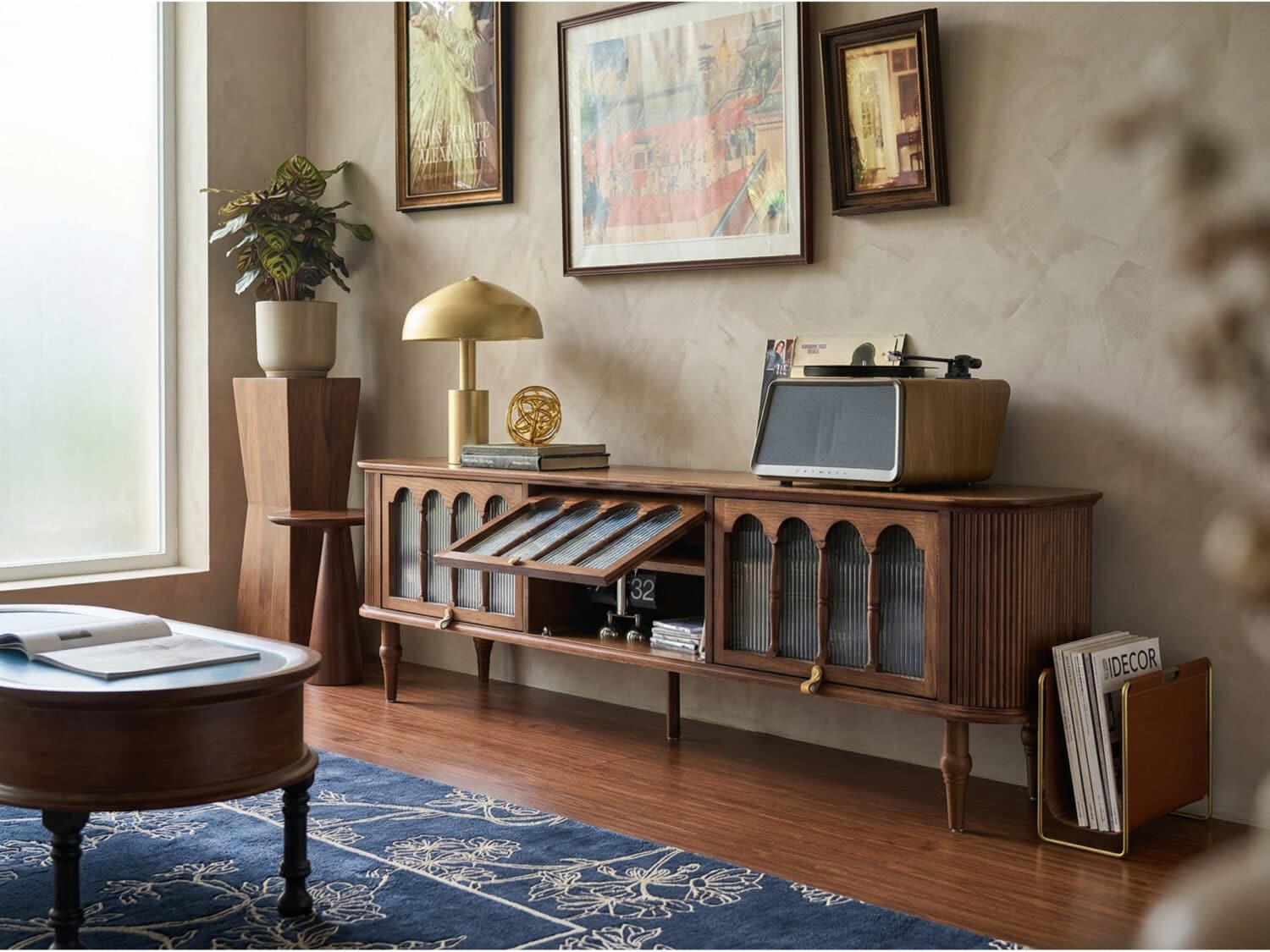 French Vintage Solid Wood TV Stand: Mid-Century Modern Media Console 相册图 #2 scene