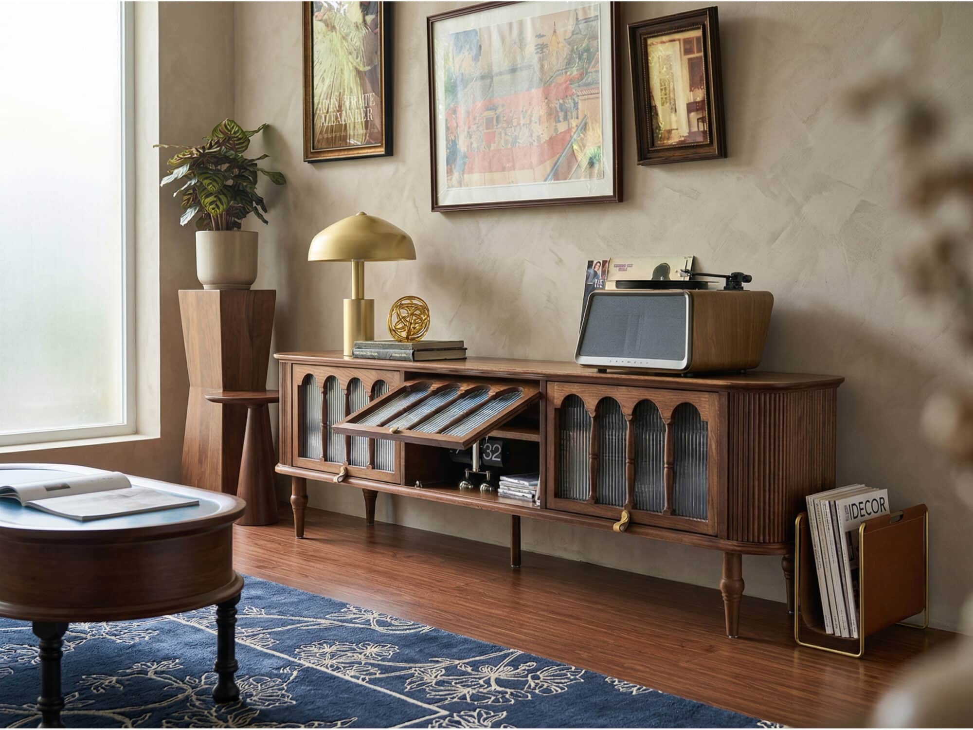 French Vintage Solid Wood TV Stand: Mid-Century Modern Media Console - scene - 相册图 #2 French Vintage Solid Wood TV Stand: Mid-Century Modern Media Console 相册图 #2 scene