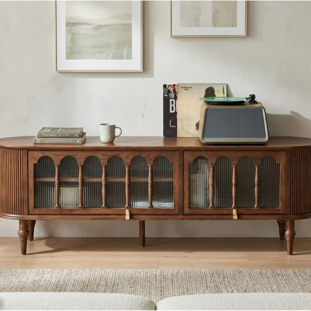 French Vintage Solid Wood TV Stand: Mid-Century Modern Media Console - scene - 相册图 #3 French Vintage Solid Wood TV Stand: Mid-Century Modern Media Console 相册图 #3 scene