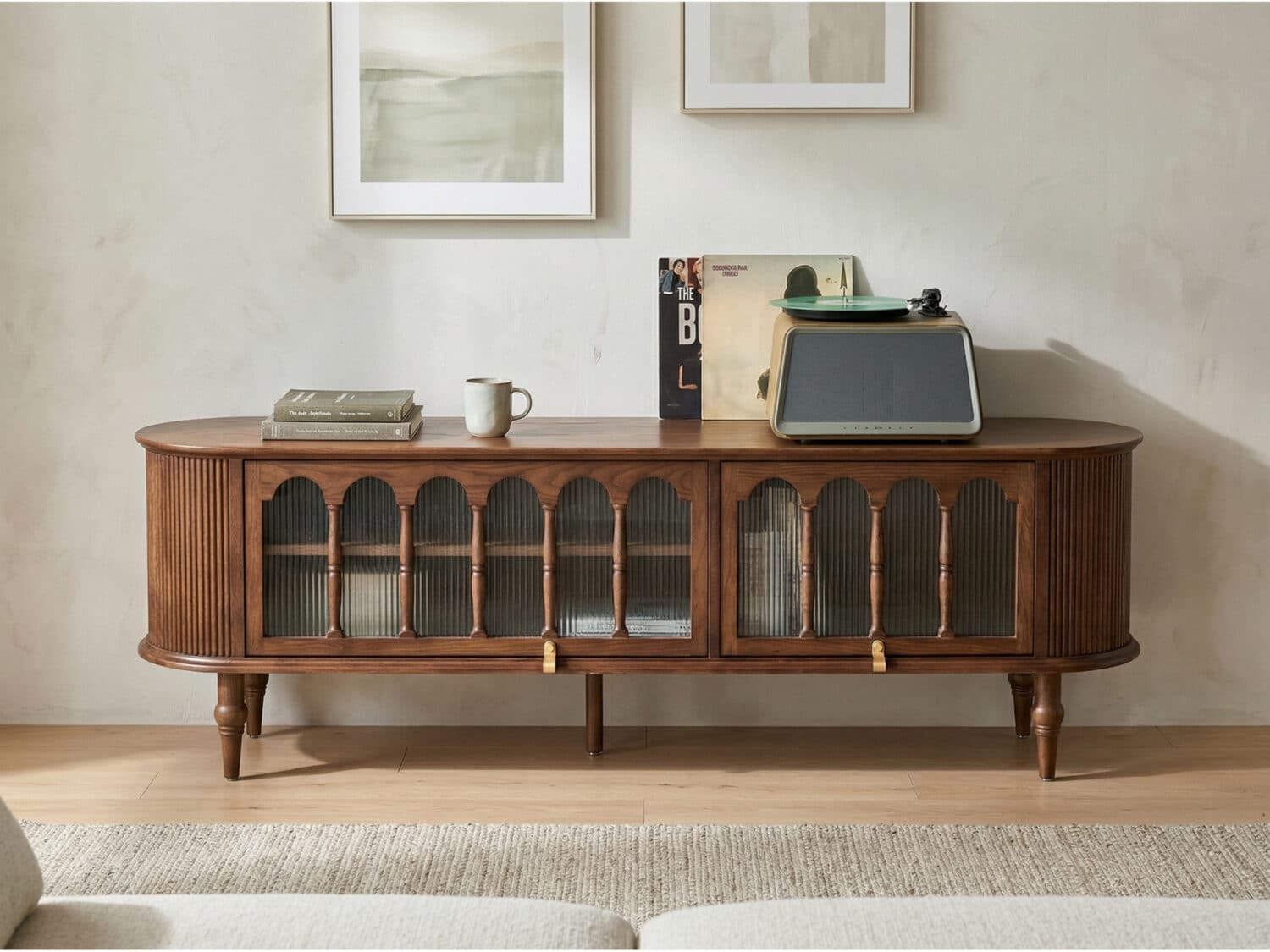 French Vintage Solid Wood TV Stand: Mid-Century Modern Media Console 相册图 #3 scene