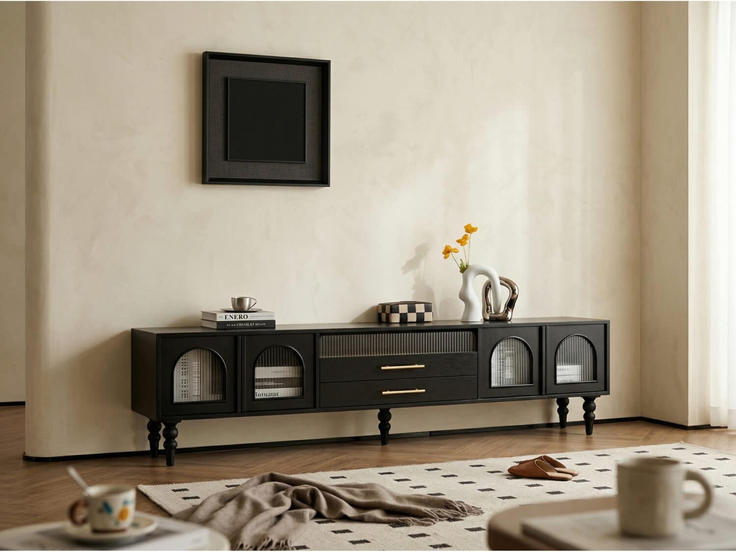 Mid-Century Modern Black TV Stand with Cabinet Glass Doors 相册图 #2 scene