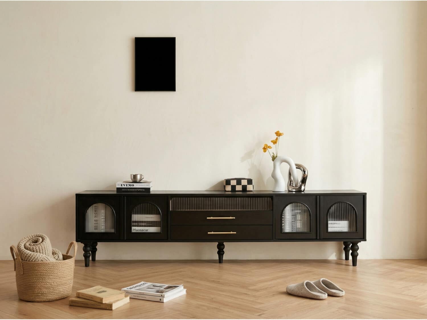 Mid-Century Modern Black TV Stand with Cabinet Glass Doors 相册图 #3 scene