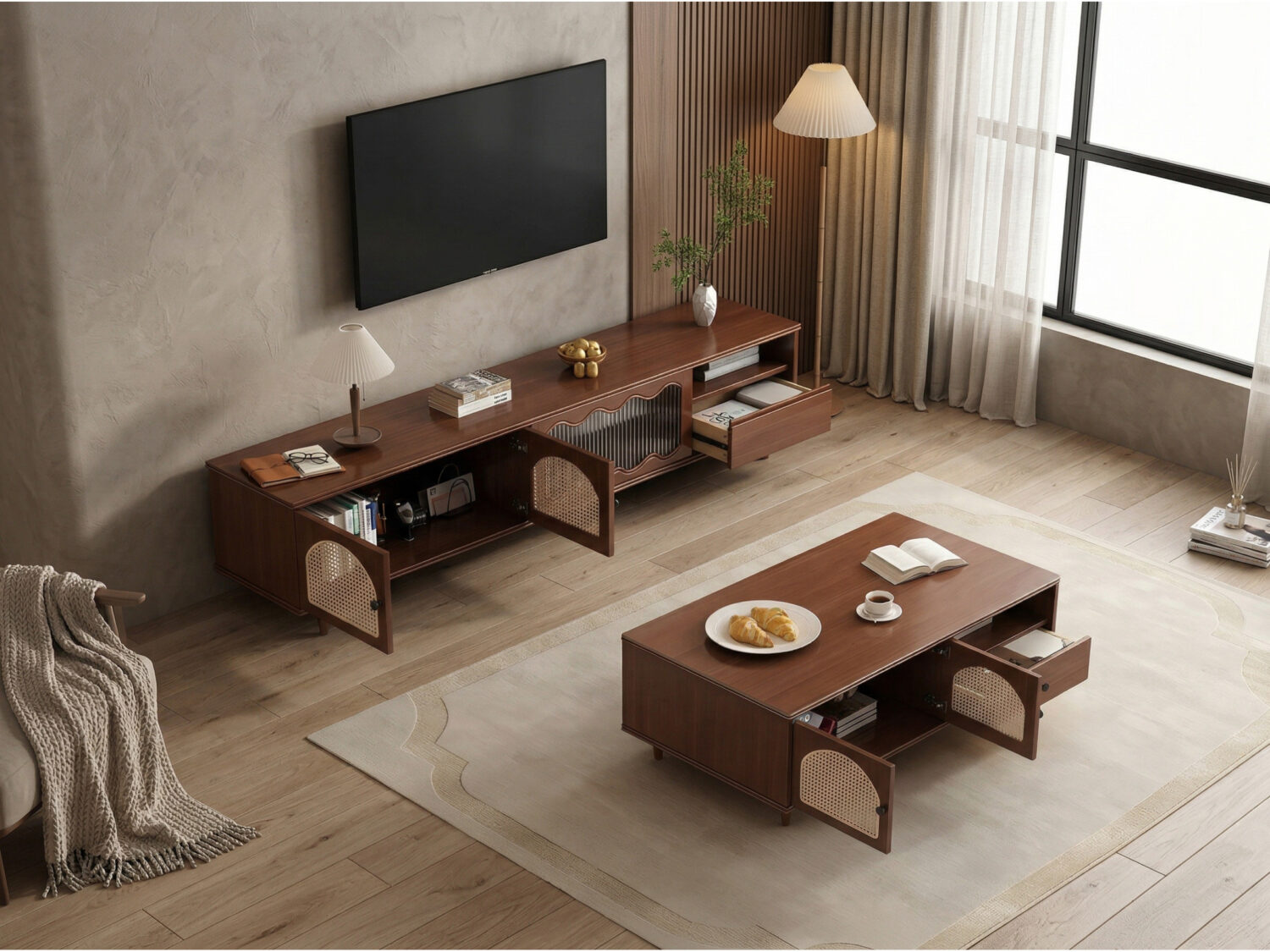 Mid-Century Modern TV Cabinet Cane and Ribbed Glass Design Elegant Wooden Entertainment Center 商品主图 scene