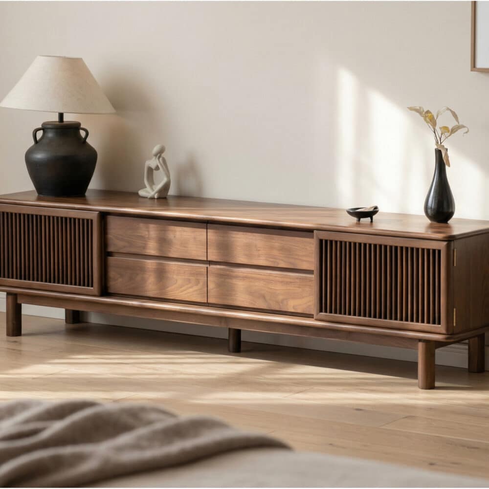 Mid-Century Modern Walnut Wood TV Stand with Cabinet - scene - 商品主图 Mid-Century Modern Walnut Wood TV Stand with Cabinet 商品主图 scene