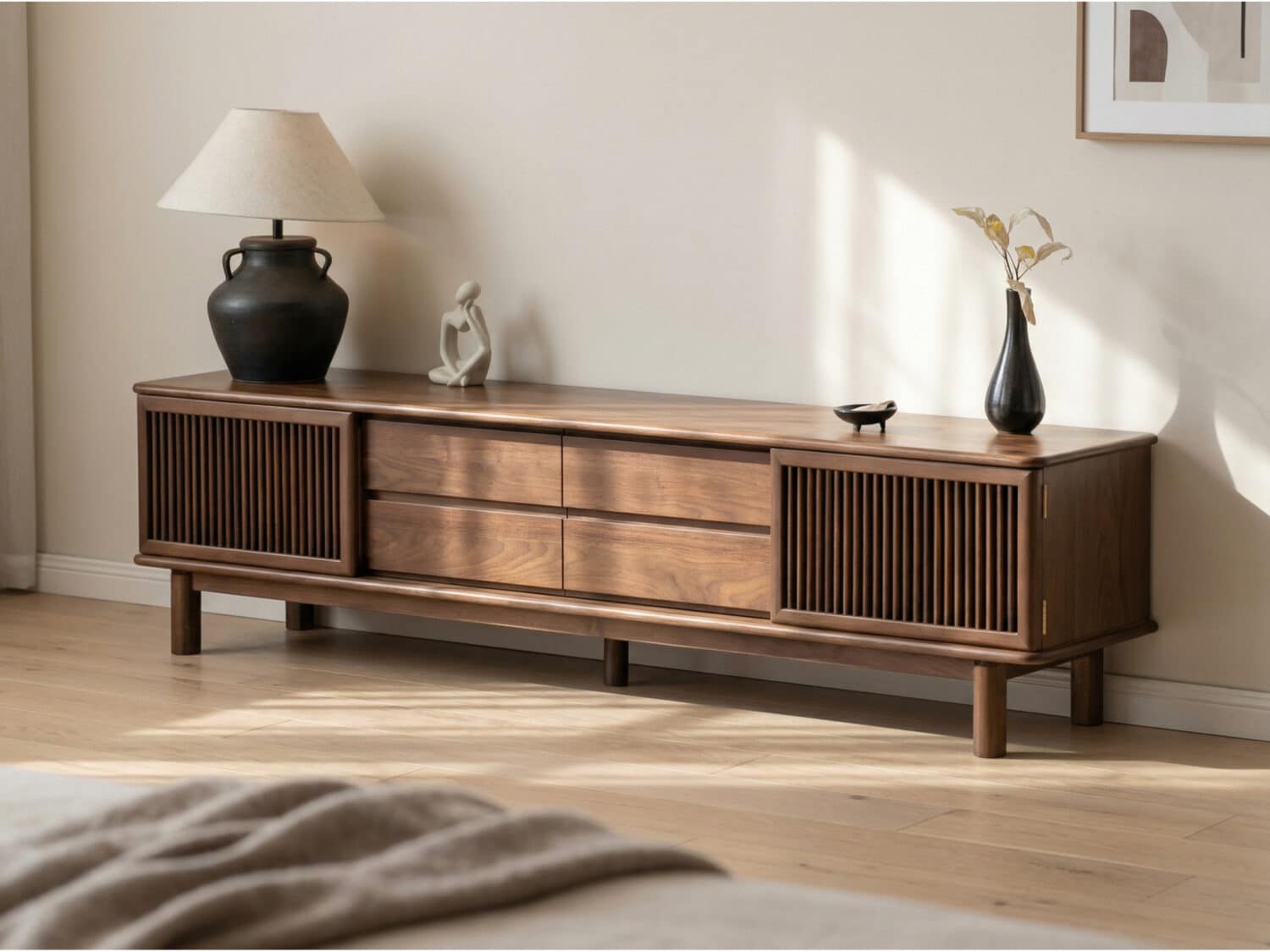 Mid-Century Modern Walnut Wood TV Stand with Cabinet 商品主图 scene