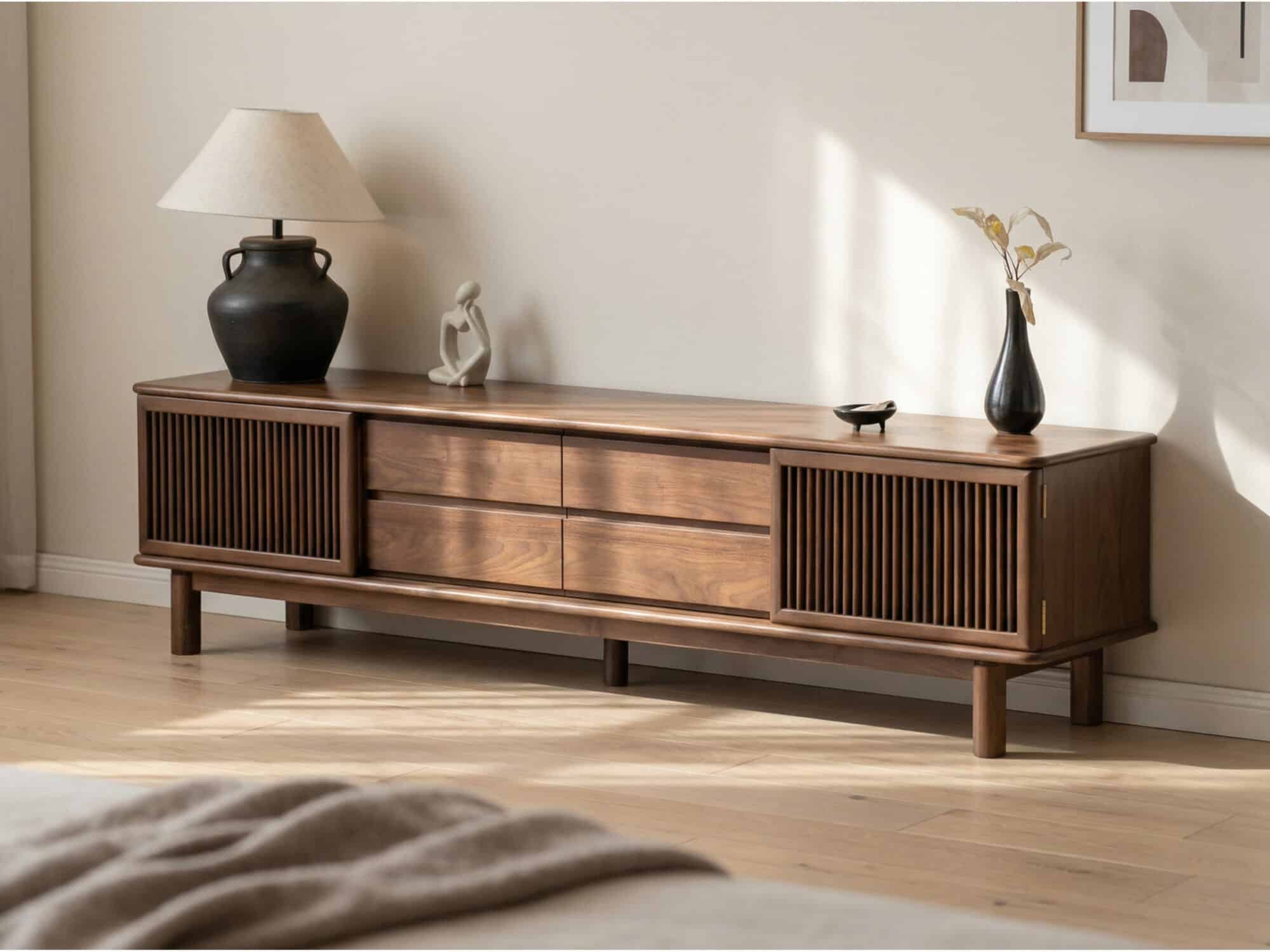 Mid-Century Modern Walnut Wood TV Stand with Cabinet - scene - 商品主图 Mid-Century Modern Walnut Wood TV Stand with Cabinet 商品主图 scene